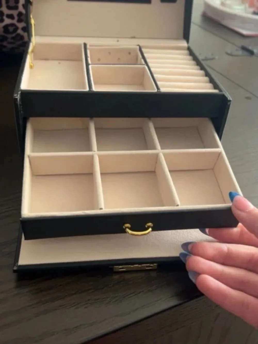 Black Jewelry Box with Gold Hardware - Compact Organizer